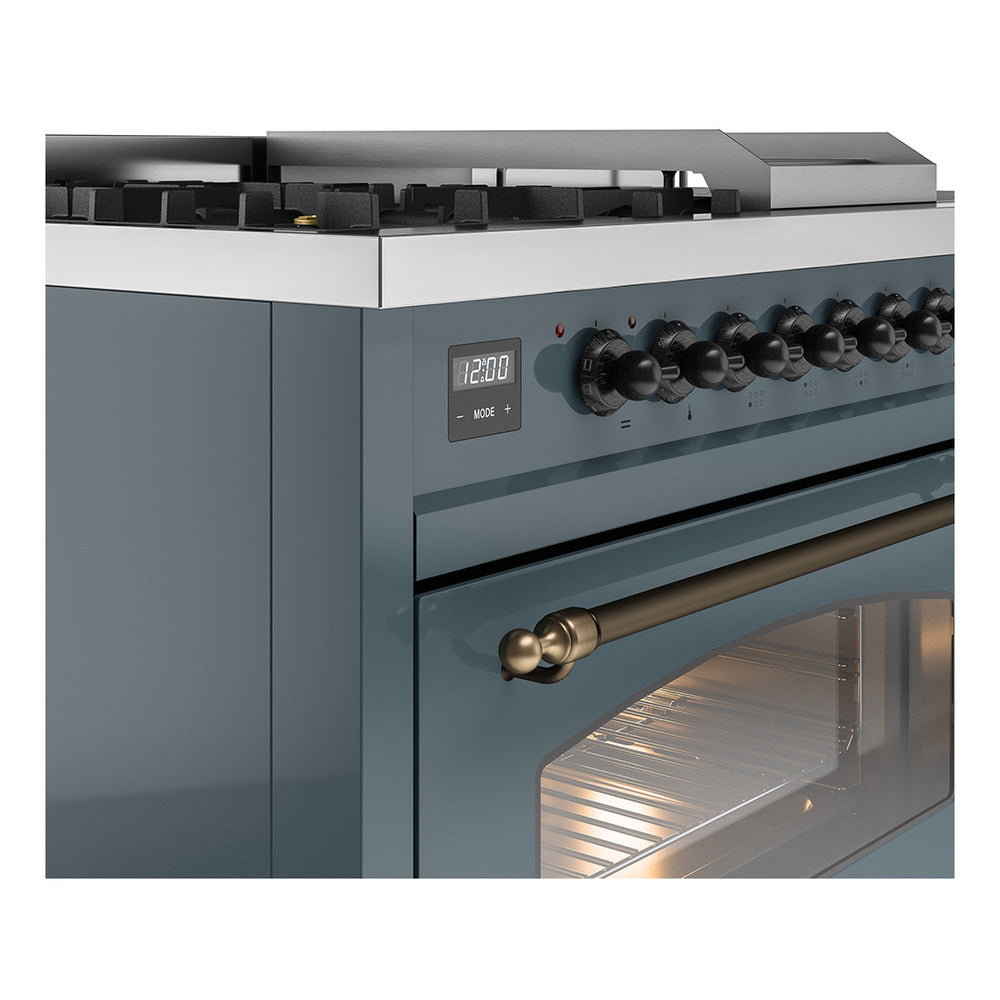 Blue-grey oven door with bronze handle and visible control knobs on dual fuel range