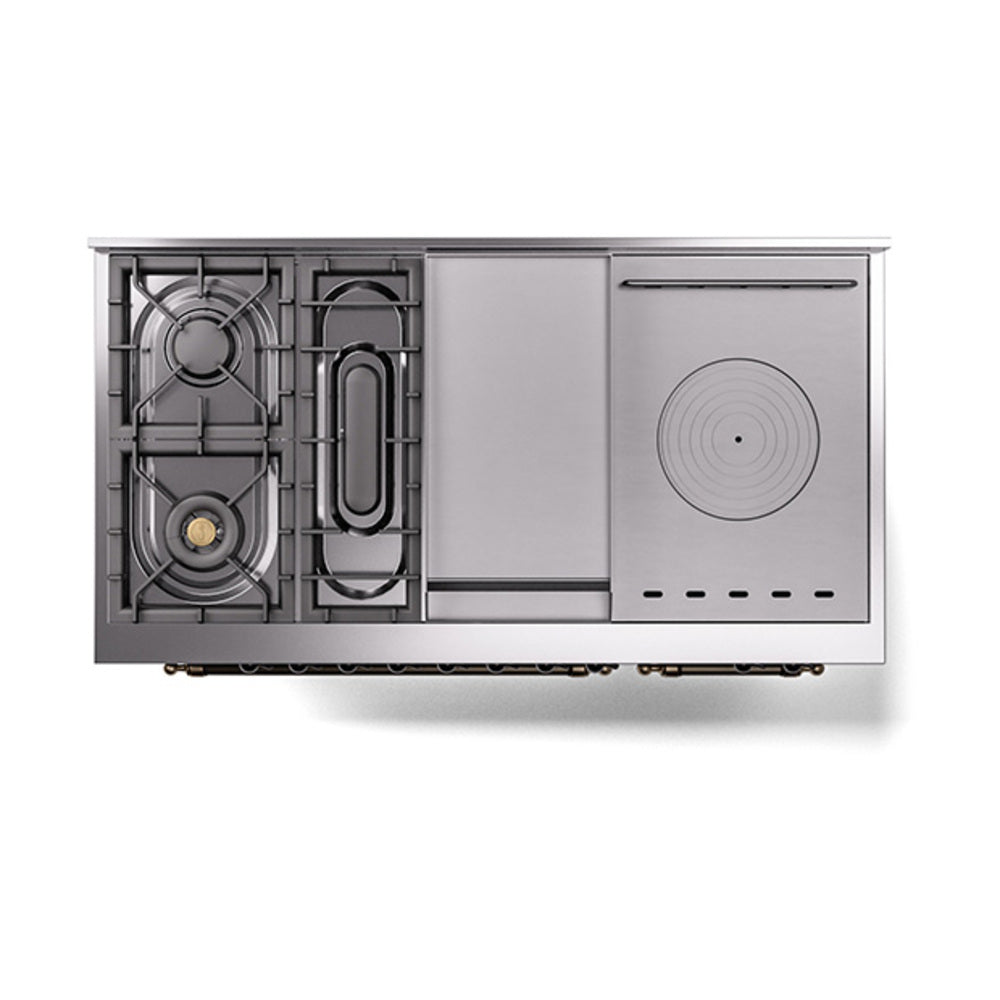 Blue-grey gas range back view with exposed burner assemblies and ports