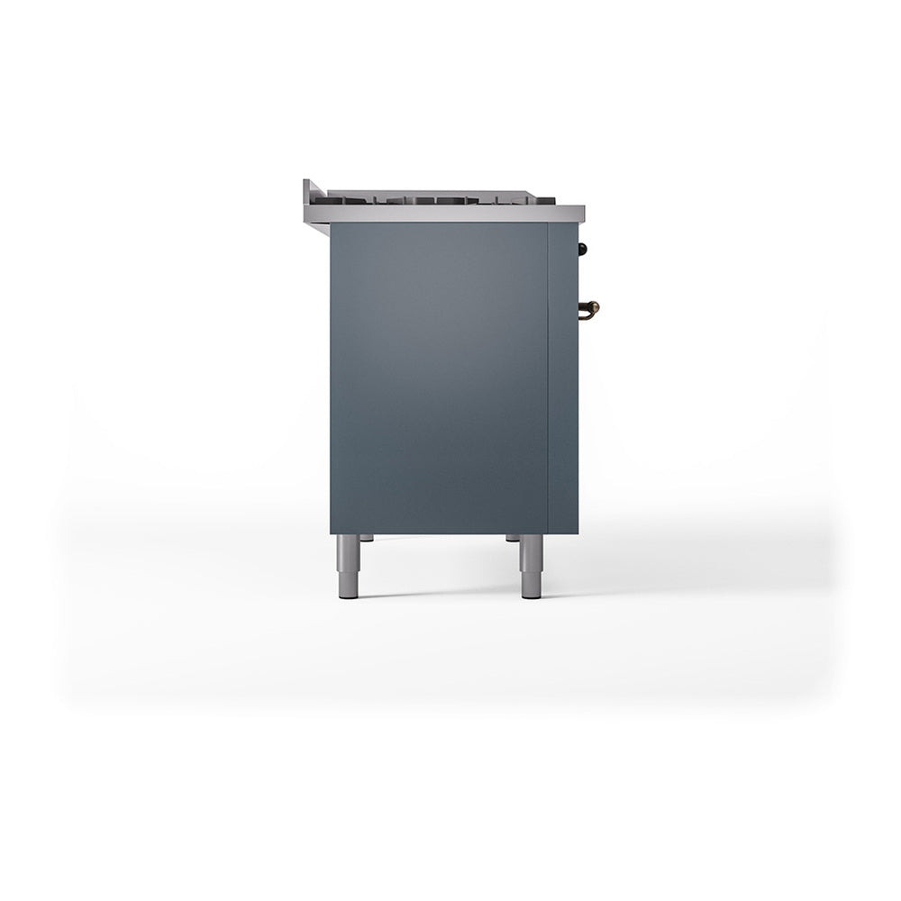 Blue-grey gas range side panel with bronze-trim fittings and four legs