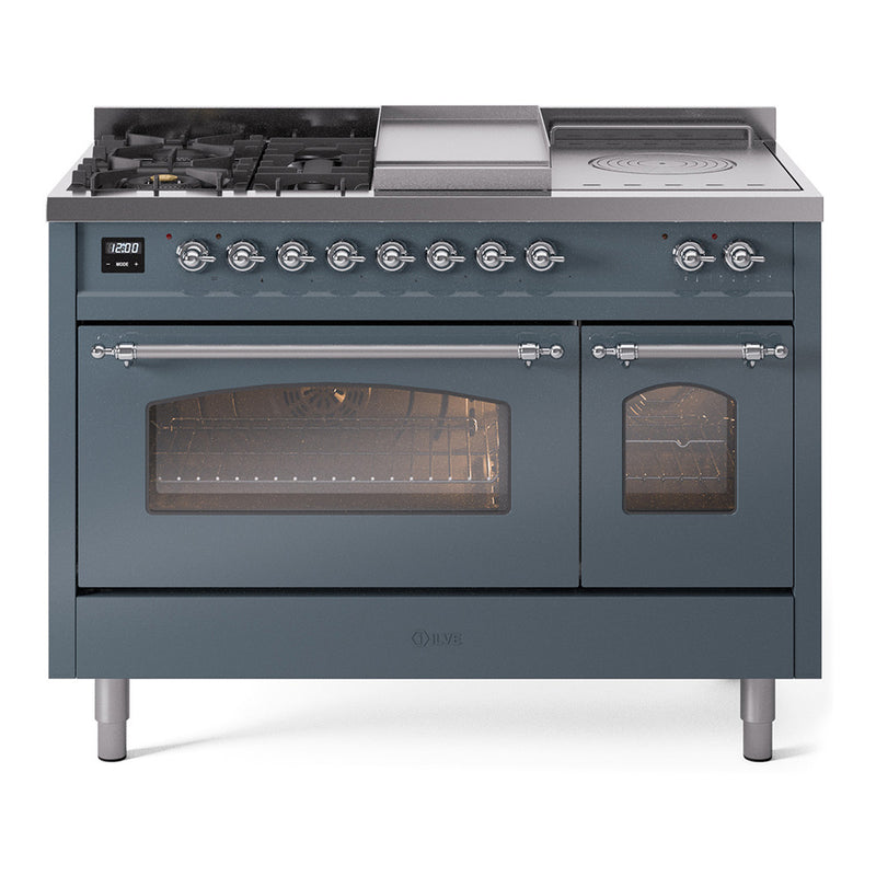 ILVE Nostalgie II 48-Inch Dual Fuel Freestanding Range in Blue Grey with Chrome Trim (UP48FSNMPBGC)