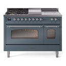 ILVE Nostalgie II 48-Inch Natural Gas Dual Fuel Range with 5 Burners, Griddle, & French Top with Triple Glass Door Oven in Blue Grey with Chrome Trim (UP48FSNMPBGC)