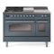 ILVE Nostalgie II 48-Inch Natural Gas Dual Fuel Range with 5 Burners, Griddle, & French Top with Triple Glass Door Oven in Blue Grey with Chrome Trim (UP48FSNMPBGC)