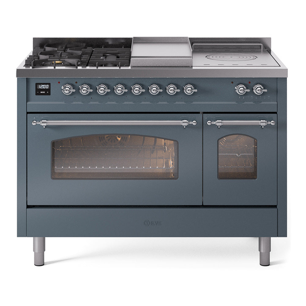 Blue grey dual fuel gas range with chrome knobs, griddle, French top and burners