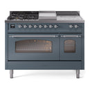 ILVE Nostalgie II 48-Inch Propane Gas Dual Fuel Range with 5 Burners, Griddle, & French Top with Triple Glass Door Oven in Blue Grey with Chrome Trim (UP48FSNMPBGCLP)