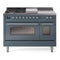 ILVE Nostalgie II 48-Inch Dual Fuel Range with 5 Burners, Griddle, & French Top with Triple Glass Door Oven in Blue Grey with Chrome Trim (UP48FSNMPBGC)