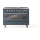ILVE Nostalgie II 48-Inch Natural Gas Dual Fuel Range with 5 Burners, Griddle, & French Top with Triple Glass Door Oven in Blue Grey with Chrome Trim (UP48FSNMPBGC)