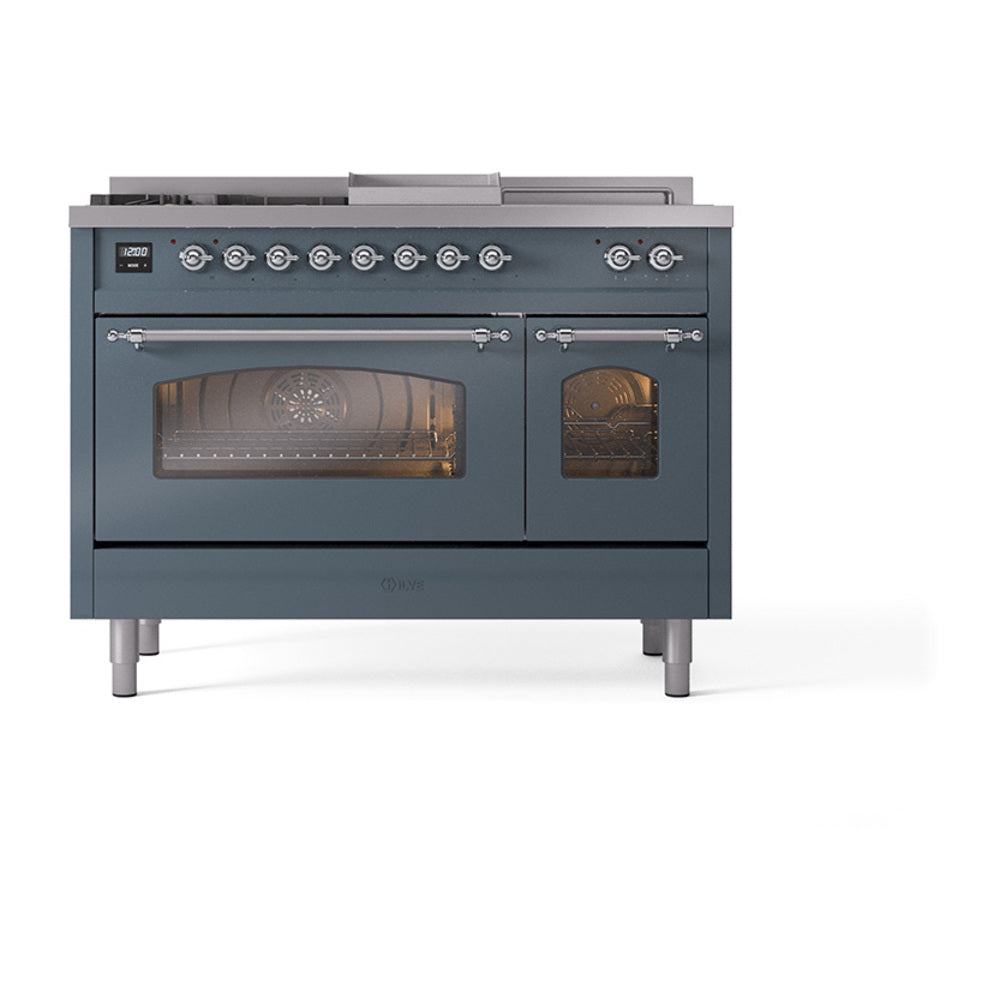 Blue grey dual fuel range with dual ovens, triple glass door, chrome trim