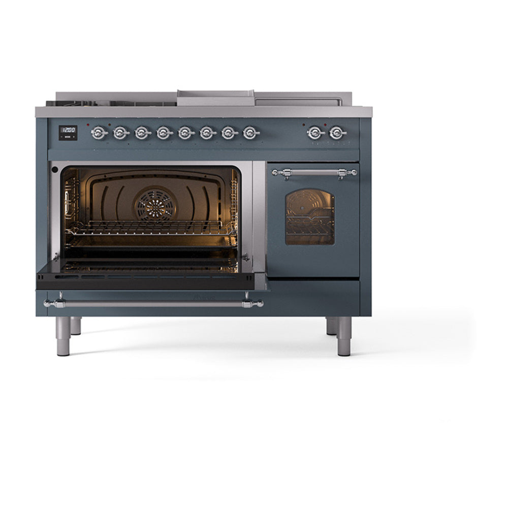 Blue grey dual fuel range with oven door open and griddle side compartment