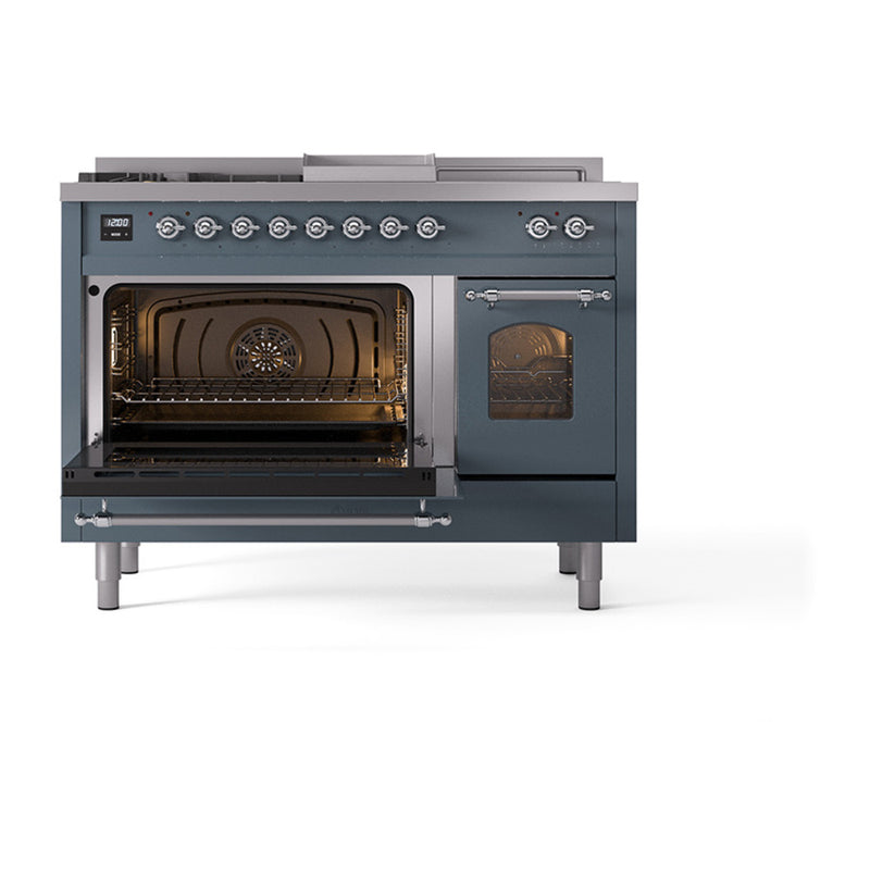 ILVE Nostalgie II 48-Inch Dual Fuel Range with 5 Burners, Griddle, & French Top with Triple Glass Door Oven in Blue Grey with Chrome Trim (UP48FSNMPBGC)