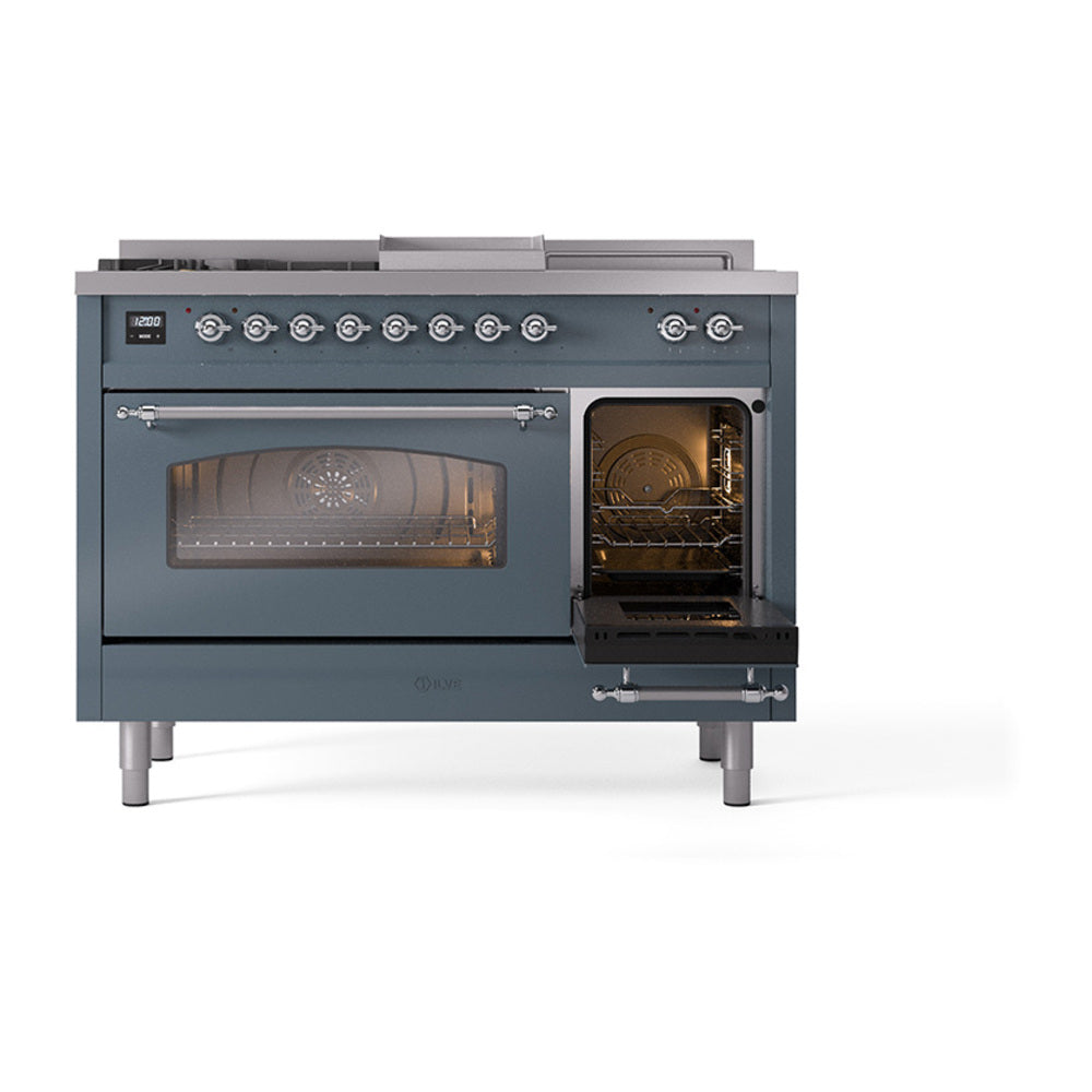 ILVE dual fuel range angled view in blue grey with chrome knobs and open oven doors