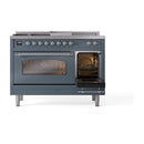 ILVE Nostalgie II 48-Inch Natural Gas Dual Fuel Range with 5 Burners, Griddle, & French Top with Triple Glass Door Oven in Blue Grey with Chrome Trim (UP48FSNMPBGC)