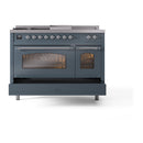 ILVE Nostalgie II 48-Inch Natural Gas Dual Fuel Range with 5 Burners, Griddle, & French Top with Triple Glass Door Oven in Blue Grey with Chrome Trim (UP48FSNMPBGC)