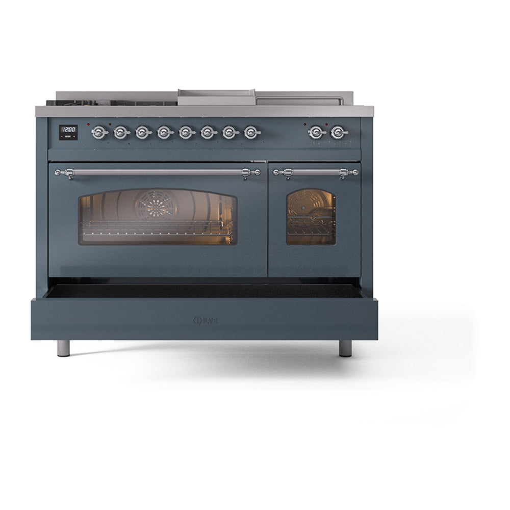 Blue grey dual fuel range with triple glass oven doors and chrome front trim