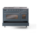 ILVE Nostalgie II 48-Inch Propane Gas Dual Fuel Range with 5 Burners, Griddle, & French Top with Triple Glass Door Oven in Blue Grey with Chrome Trim (UP48FSNMPBGCLP)