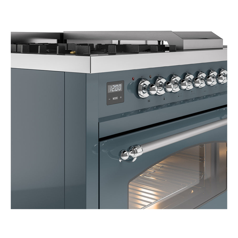 ILVE dual fuel range control panel with chrome knobs and blue grey oven door handle