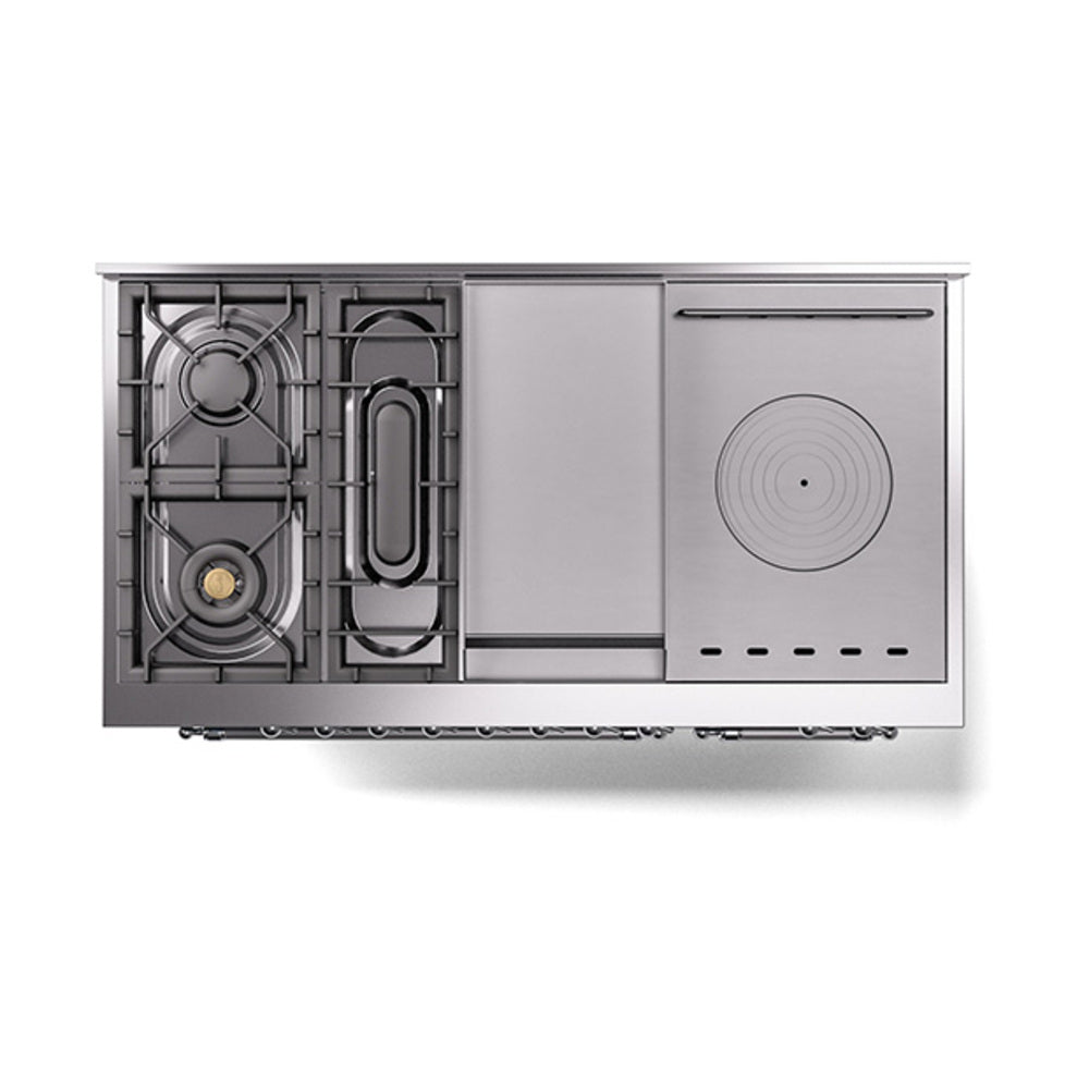 Open-top view of dual fuel range burners with connected gas components
