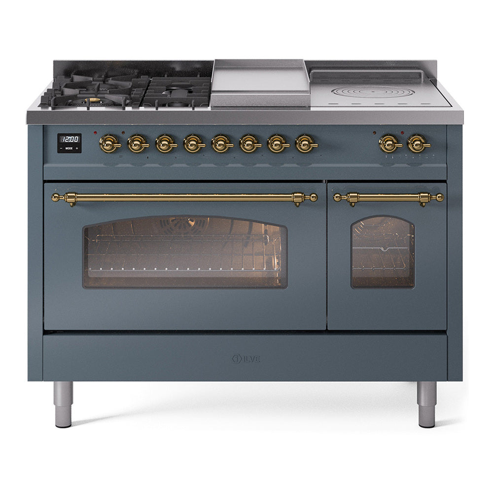 Blue grey dual fuel range with brass knobs, griddle, French top, and triple glass oven doors