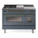 ILVE Nostalgie II 48-Inch Propane Gas Dual Fuel Range with 5 Burners, Griddle, & French Top with Triple Glass Door Oven in Blue Grey with Brass Trim (UP48FSNMPBGGLP)