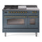 ILVE Nostalgie II 48-Inch Natural Gas Dual Fuel Range with 5 Burners, Griddle, & French Top with Triple Glass Door Oven in Blue Grey with Brass Trim (UP48FSNMPBGG)