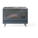 ILVE Nostalgie II 48-Inch Propane Gas Dual Fuel Range with 5 Burners, Griddle, & French Top with Triple Glass Door Oven in Blue Grey with Brass Trim (UP48FSNMPBGGLP)