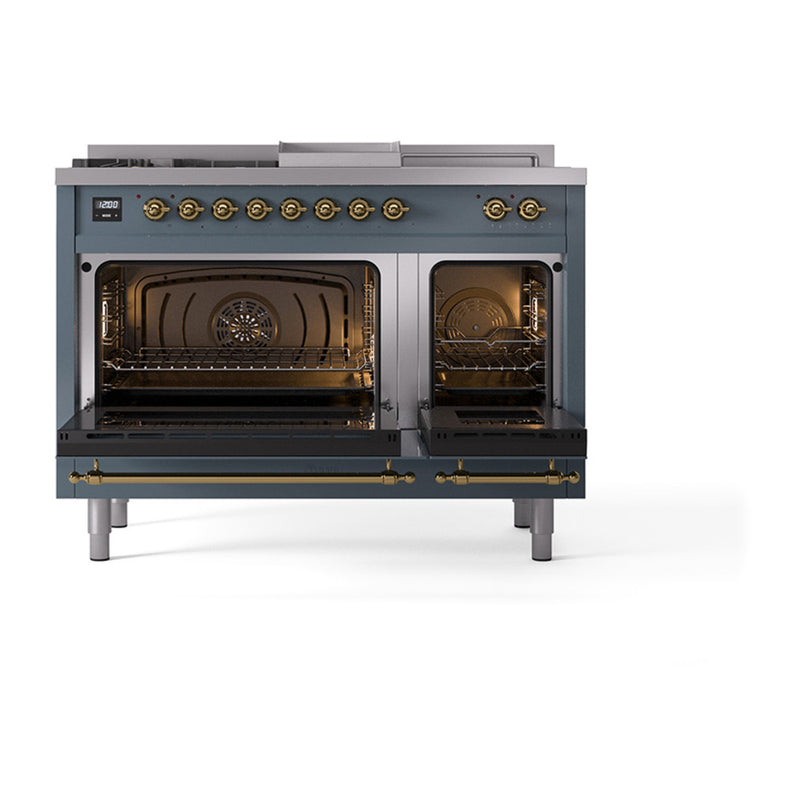 ILVE Nostalgie II 48-Inch Dual Fuel Range with 5 Burners, Griddle, & French Top with Triple Glass Door Oven in Blue Grey with Brass Trim (UP48FSNMPBGG)