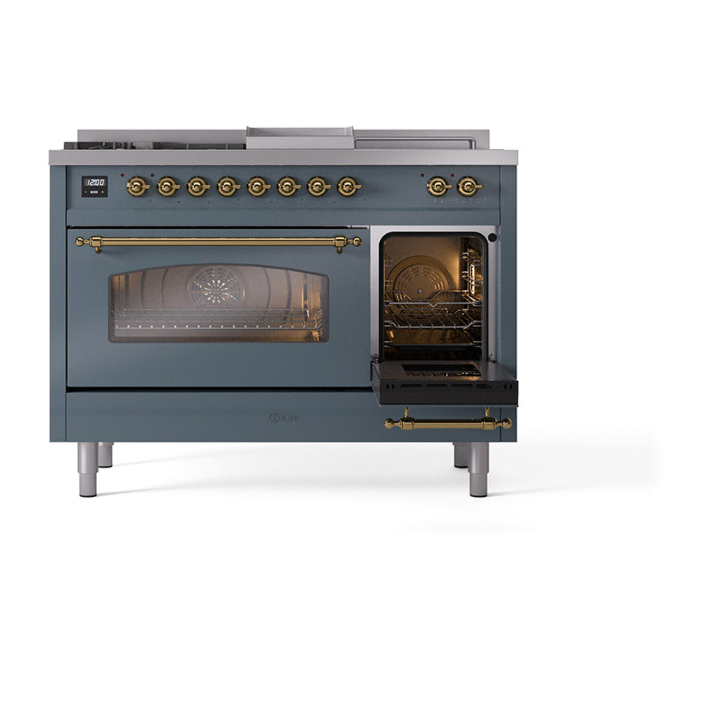 Blue-grey dual fuel range with left oven glass window and right oven door open