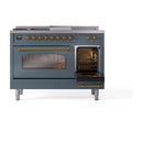ILVE Nostalgie II 48-Inch Natural Gas Dual Fuel Range with 5 Burners, Griddle, & French Top with Triple Glass Door Oven in Blue Grey with Brass Trim (UP48FSNMPBGG)