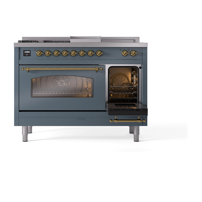 ILVE Nostalgie II 48-Inch Dual Fuel Range with 5 Burners, Griddle, & French Top with Triple Glass Door Oven in Blue Grey with Brass Trim (UP48FSNMPBGG)