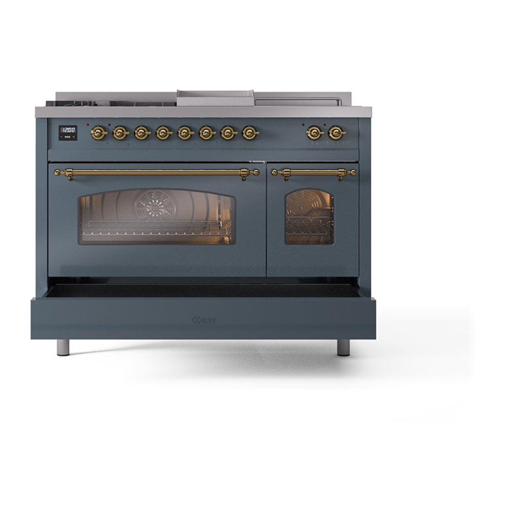 Blue-grey dual fuel range with brass trim, glass oven window, and two oven doors closed