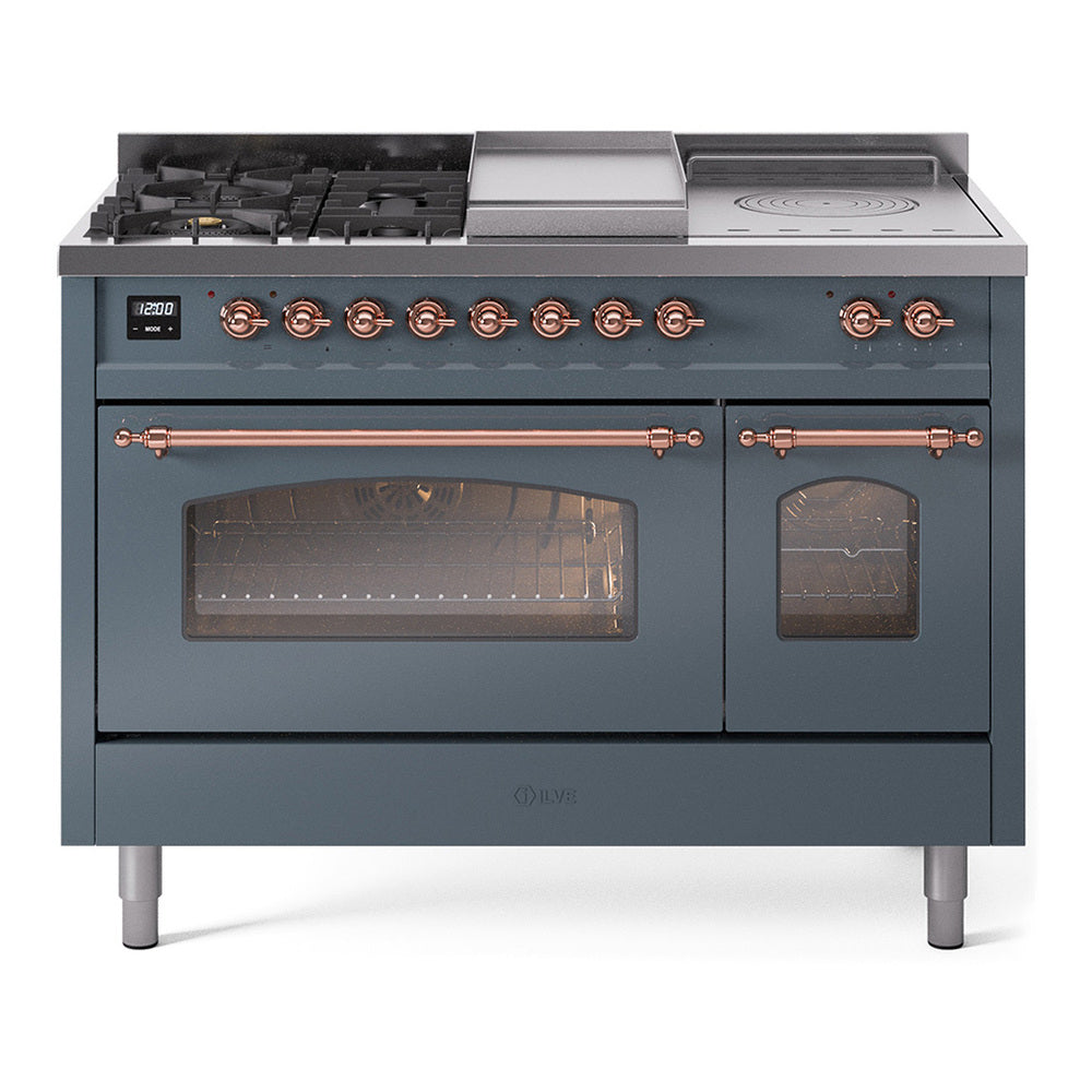 Blue-gray dual fuel gas range with copper trim, 5 burners, griddle, and two glass oven doors