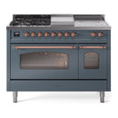 ILVE Nostalgie II 48-Inch Propane Gas Dual Fuel Range with 5 Burners, Griddle, & French Top with Triple Glass Door Oven in Blue Grey with Copper Trim (UP48FSNMPBGPLP)
