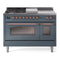 ILVE Nostalgie II 48-Inch Natural Gas Dual Fuel Range with 5 Burners, Griddle, & French Top with Triple Glass Door Oven in Blue Grey with Copper Trim (UP48FSNMPBGP)