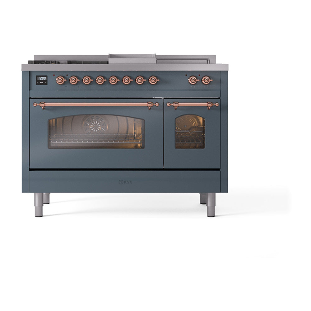 Blue-grey dual fuel gas range with triple glass oven doors and copper-trimmed controls