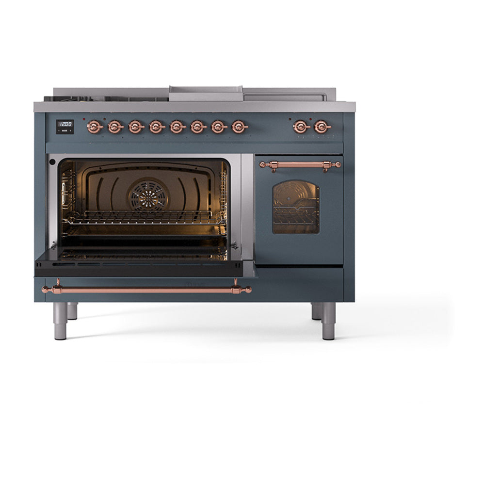 Blue-grey dual fuel gas range with left oven door open and right oven door closed