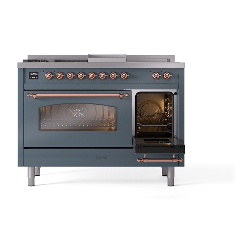 Blue grey dual fuel range with copper-trim handles and open left oven door