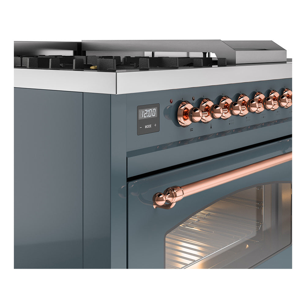 Blue-grey dual fuel gas range control panel with copper knobs and open oven door