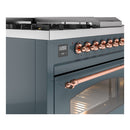 ILVE Nostalgie II 48-Inch Propane Gas Dual Fuel Range with 5 Burners, Griddle, & French Top with Triple Glass Door Oven in Blue Grey with Copper Trim (UP48FSNMPBGPLP)