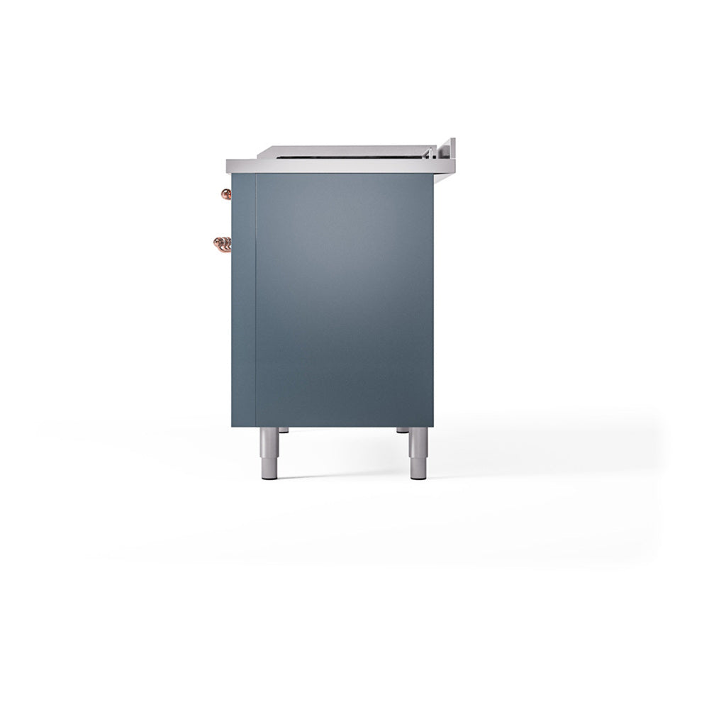 Blue-grey dual fuel gas range rear-side view with copper-trim accents and leveling legs