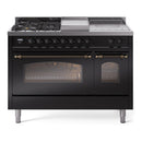 ILVE Nostalgie II 48-Inch Propane Gas Dual Fuel Range with 5 Burners, Griddle, & French Top with Triple Glass Door Oven in Glossy Black with Bronze Trim (UP48FSNMPBKBLP)