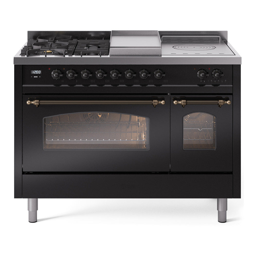 ILVE glossy black dual fuel range with burners, griddle, and triple-glass doors