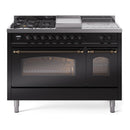 ILVE Nostalgie II 48-Inch Natural Gas Dual Fuel Range with 5 Burners, Griddle, & French Top with Triple Glass Door Oven in Glossy Black with Bronze Trim (UP48FSNMPBKB)