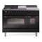 ILVE Nostalgie II 48-Inch Natural Gas Dual Fuel Range with 5 Burners, Griddle, & French Top with Triple Glass Door Oven in Glossy Black with Bronze Trim (UP48FSNMPBKB)
