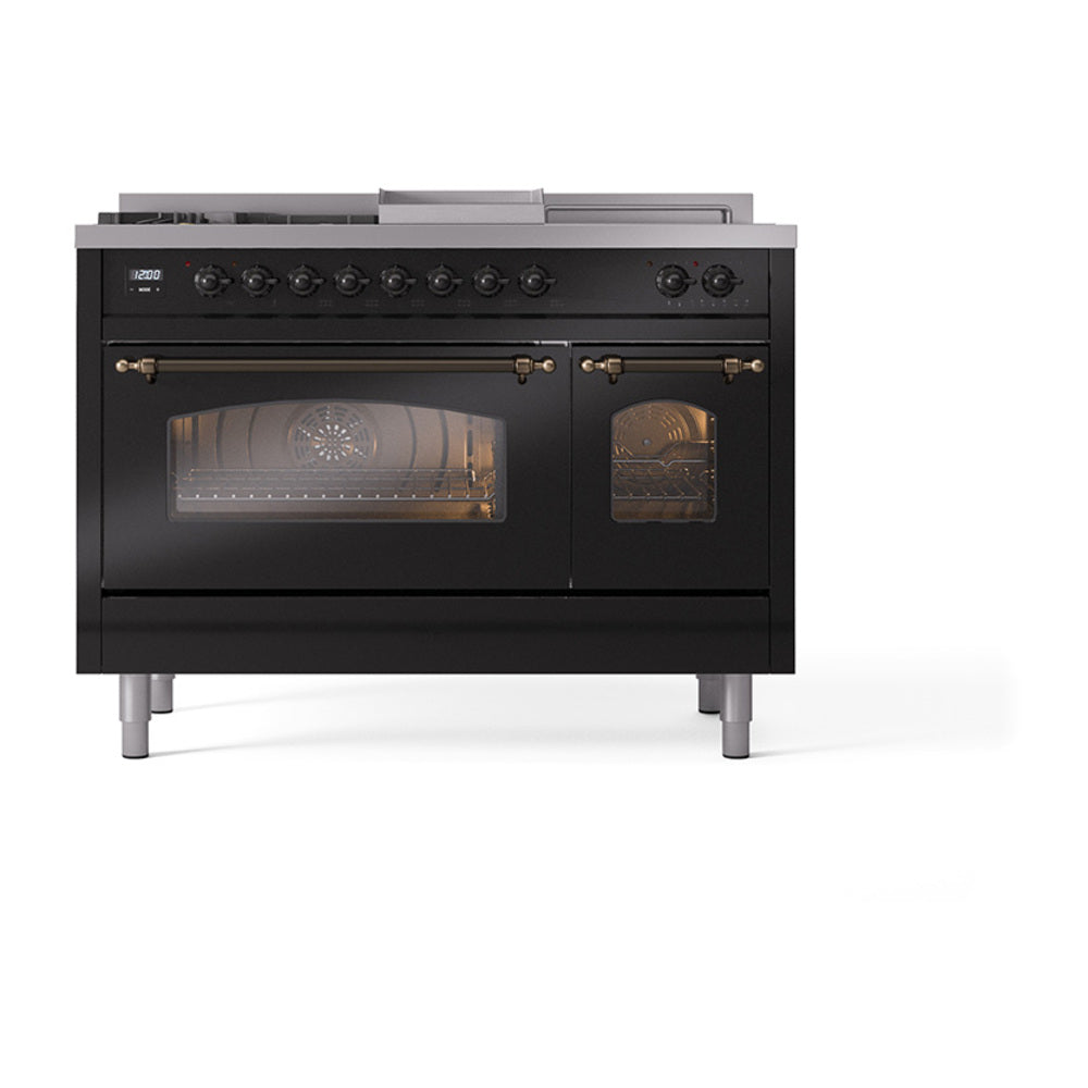 Glossy black dual fuel range with both oven doors open and bronze-trimmed handles visible