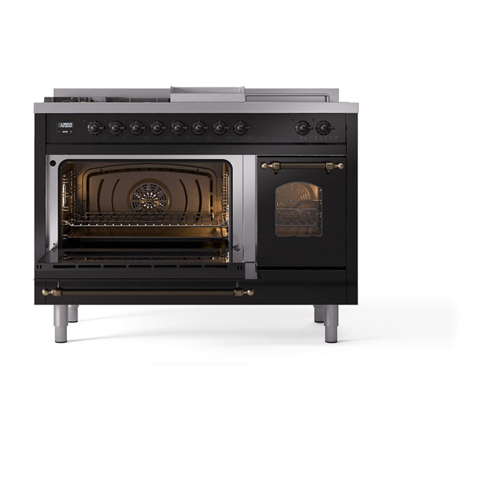 ILVE glossy black dual fuel range with both ovens open and glowing oven interiors