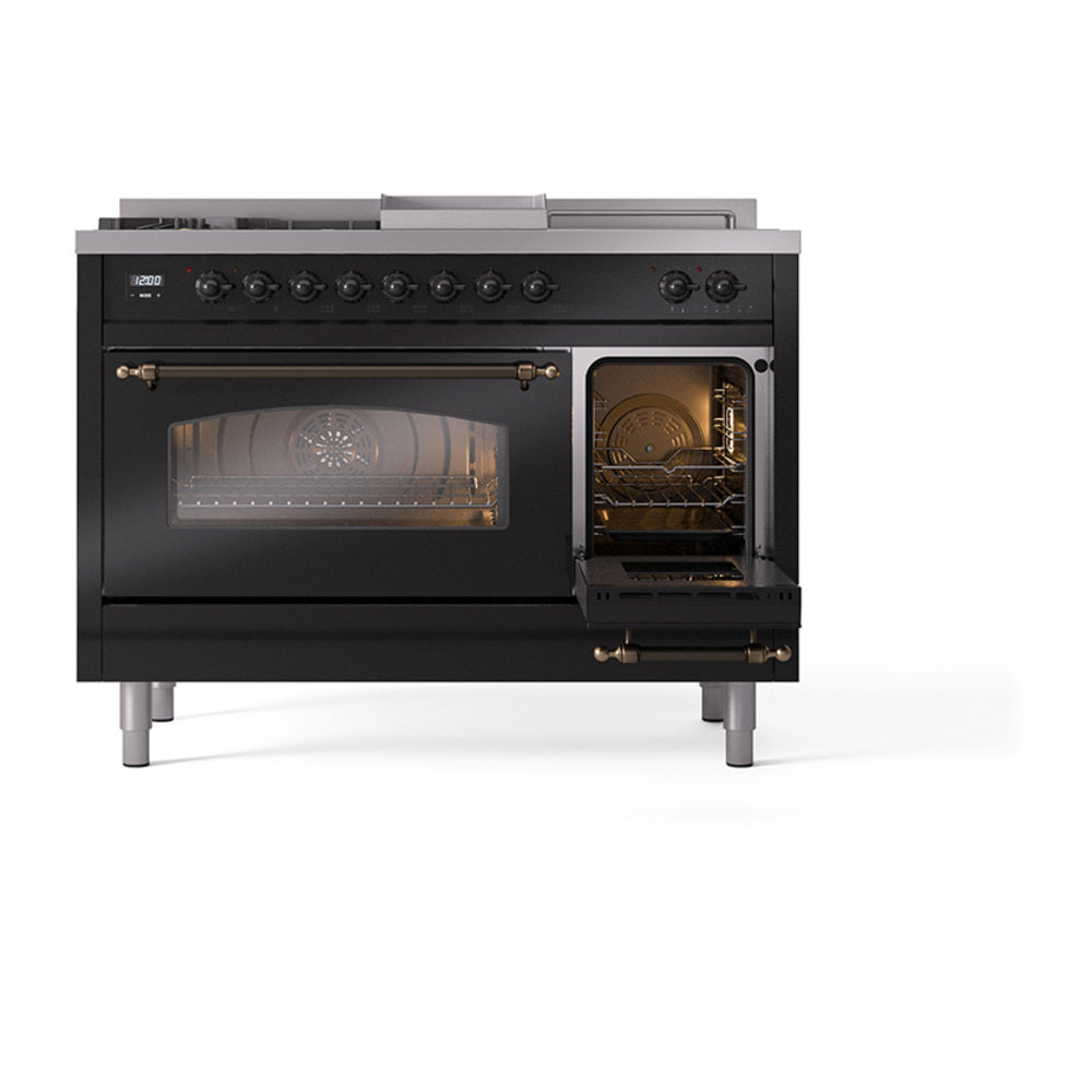 Glossy black dual fuel range with oven door open; bronze handle and interior racks visible