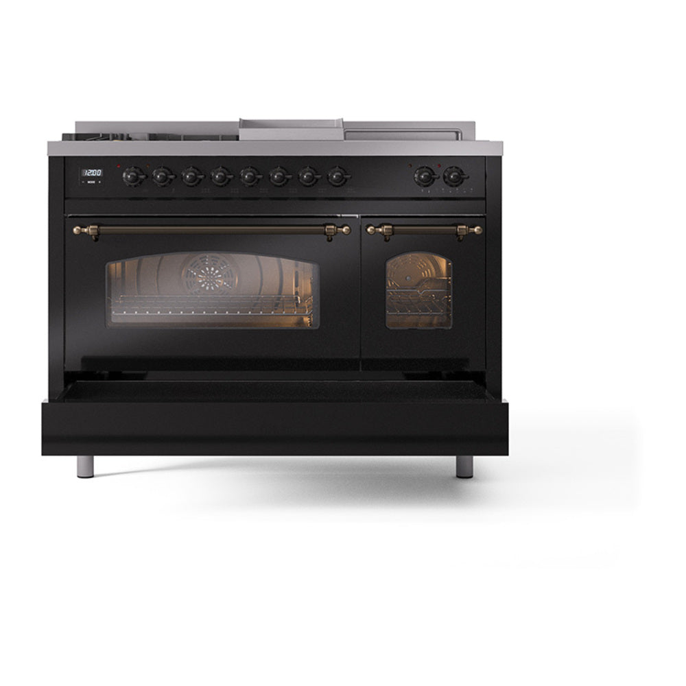 ILVE glossy black dual fuel range with triple-glass oven doors and bronze handle trim
