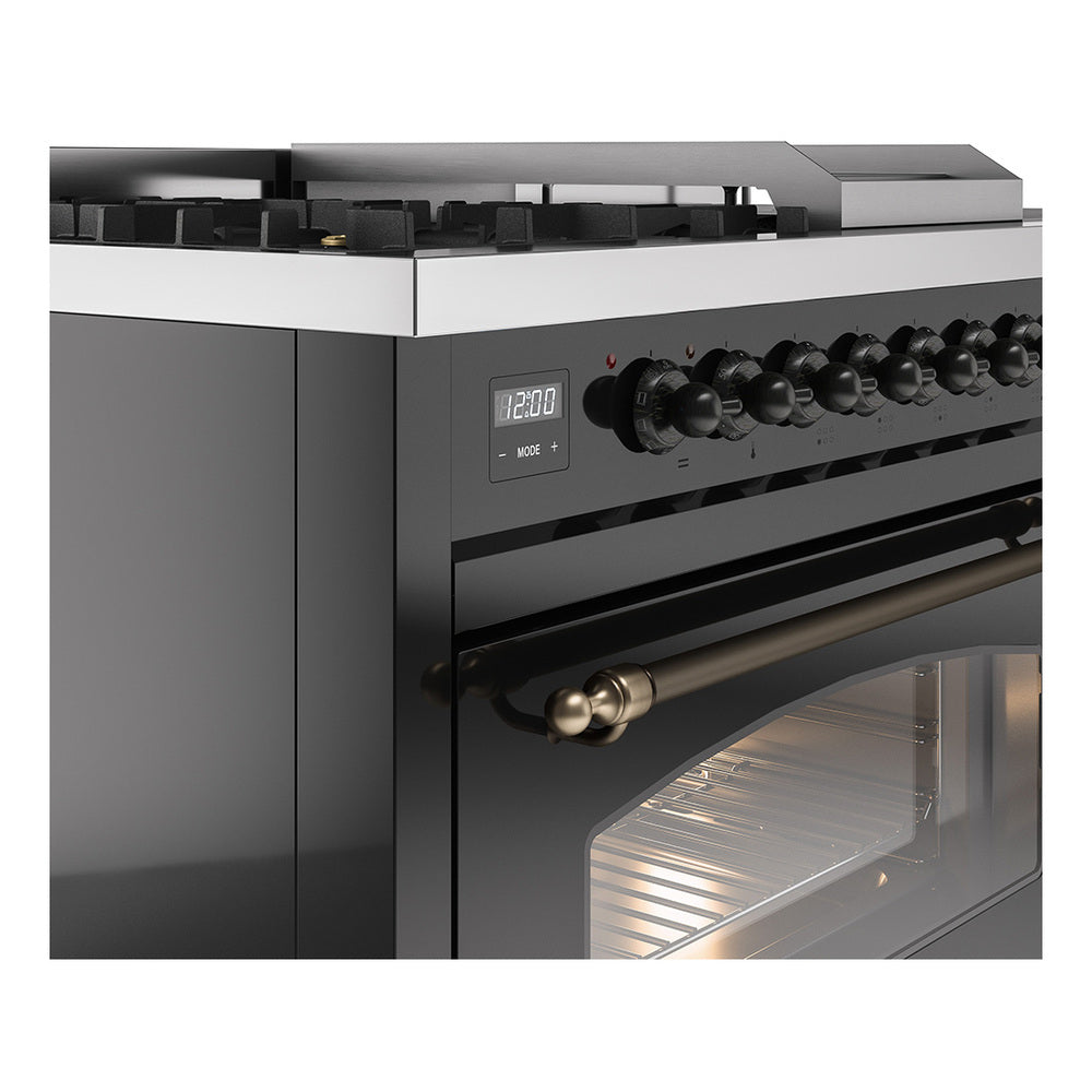 ILVE glossy black dual fuel range control knobs with bronze oven handle trim
