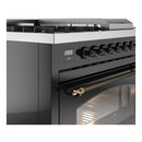 ILVE Nostalgie II 48-Inch Natural Gas Dual Fuel Range with 5 Burners, Griddle, & French Top with Triple Glass Door Oven in Glossy Black with Bronze Trim (UP48FSNMPBKB)