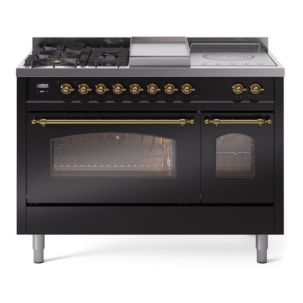 Glossy black gas dual-fuel range with brass trim, French top, knobs, and two glass ovens