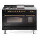 ILVE Nostalgie II 48-Inch Propane Gas Dual Fuel Range with 5 Burners, Griddle, & French Top with Triple Glass Door Oven in Glossy Black with Brass Trim (UP48FSNMPBKGLP)